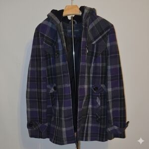 Covington Women's Hooded Plaid Coat in Purple and Black